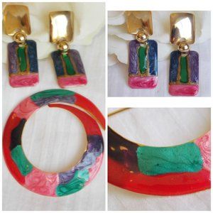 Vintage enamel earrings & pin set, Bold 80s